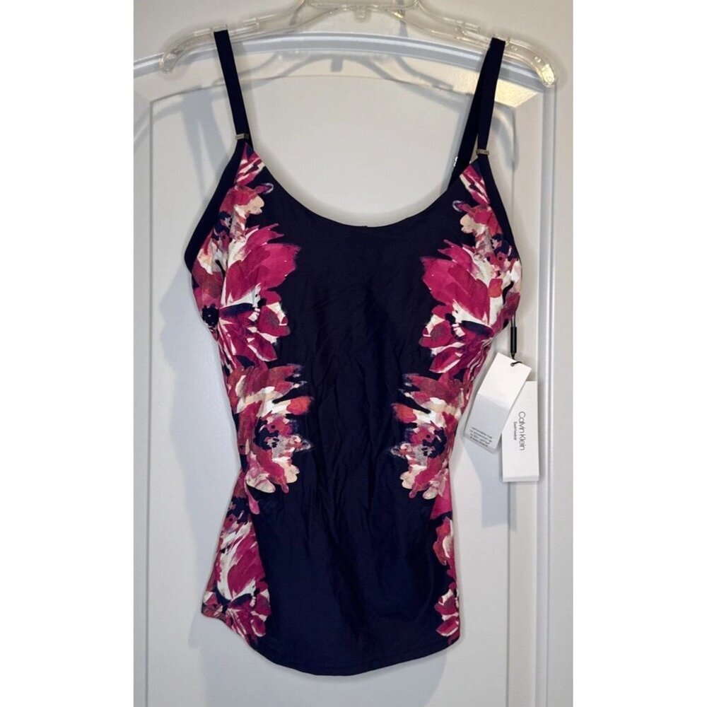 Calvin Klein Navy w/ Pink Floral Print Tankini Top‎ Swimwear Sz M NEW